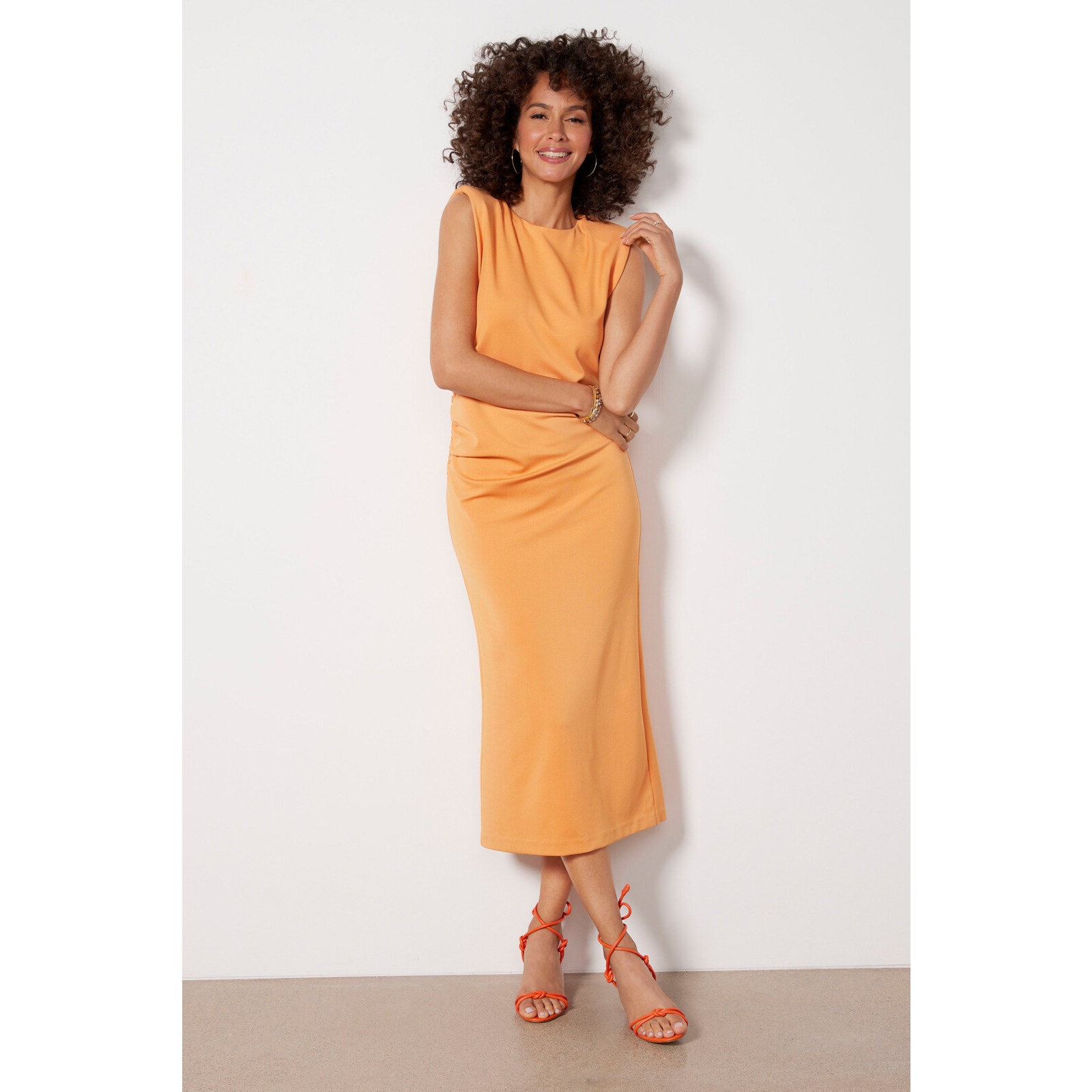 Evereve Nwt Zoe Strong Shoulder Orange Stretch Midi Dress // L